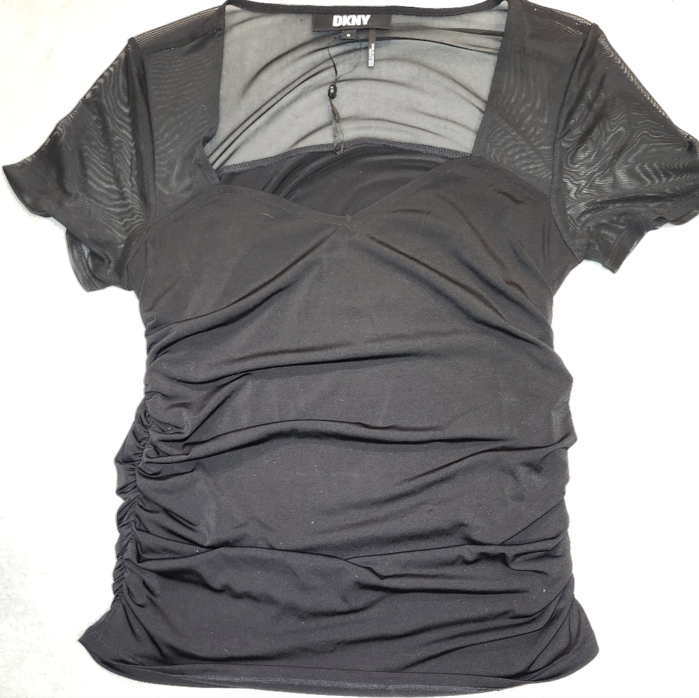 Womens NWOT Sz M DKNY Black Short Sleeved V-Neck Blouse w Mesh Sleeves